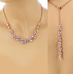 two pictures of a woman's neck and necklace