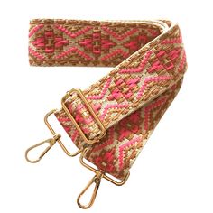 Inspired by the iconic meandering Greek Key, these woven adjustable bag straps pair with the bags of your choice. The vibrant colors add a punch of color to any display. 2" wide On the shoulder or across the body Gold hardware Clip Beige Logo Strap For Bags, Beige Rectangular Logo Strap For Bags, Beige Rectangular Bag Strap With Logo, Pink Detachable Adjustable Bag Strap, Trendy Pink Adjustable Bag Strap, Trendy Adjustable Pink Bag Strap, Pink Adjustable Detachable Bag Strap, Pink Detachable Bag Strap, Summer Detachable Rectangular Bag Strap