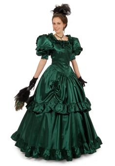 Dazzling satin gown for your next Victorian Ball! Sweetheart neckline is trimmed in ruching, ruffled trimmed puffed sleeves, deep V-shaped bodice, and fancy full double skirt are features of this ball gown. Satin rosette bows trim the center front and at each of the shirring on the overskirt. Hook and eye or zipper back closure. 100% acetate satin. Dry Clean. Designed and made by Recollections in America. Alicia is wearing gloves, hat jewelry, boots, a ruffled hoop and carrying a fan, and they a Satin Ball Gown For Formal Occasions, Debutante Ball Satin Dress With Pleated Bodice, Satin Victorian Ball Gown For Costume Party, Formal Satin Ball Gown With Satin Finish, Satin Ball Gown With Ruffles For Evening, Satin Ruffled Ball Gown For Evening, Fitted Satin Finish Ball Gown For Formal Occasions, Formal Satin Ball Gown With Ruffles, Green Formal Gown With Ruffles