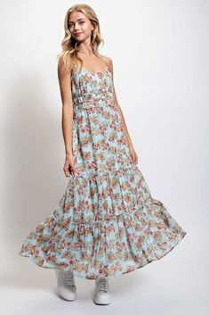 #ad Top Rated GiGiO Floral Smocked Back Tiered Skirt Maxi Dress, Fashion Dress Umgee Clothing, Skirt Fabric, Skirt Maxi, Dress 2024, Tiered Maxi Dress, Tier Skirt, Tiered Skirt, Dress Fashion, Pale Blue