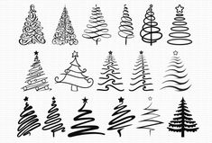 christmas trees drawn in black and white ink