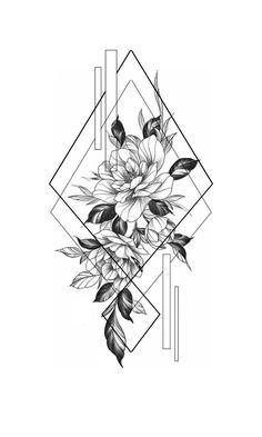 a black and white drawing of flowers with geometric shapes in the background, on a white paper