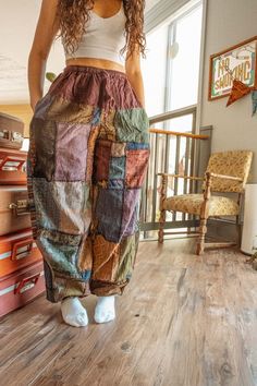 Brown Patchwork Wide Leg Bottoms, Festival Brown Patchwork Bottoms, Casual Brown Patchwork Pants, Brown Patchwork Long Pants, Brown Baggy Patchwork Bottoms, Baggy Brown Patchwork Bottoms, Multicolor Patchwork Trousers, Vintage Patchwork Cotton Pants, Vintage Cotton Patchwork Pants