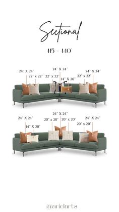 the sectional sofa is shown in three different sizes and colors, along with measurements for each section