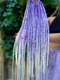 #syntheticdreads #dreadlocks, #moonshine #moon, #violet #lilac #lilachair  #dreads #dreadsextensions with #accessories, #bohostyle, #festivalstyle #temporarylocs #locs #loc #festivalhair #festivalfashion #dreadgirl #dreadlife #weddinghair #dread #hairextensionsalon #extensions #etsy #etsyseller #etsyfinds #etsyshopowner Blond Dreads, Dreads Extensions, Fake Dreads, Hair Extension Salon, Moon Shine, Dreads Girl, Dread Extensions, Dreadlock Style, Lilac Hair