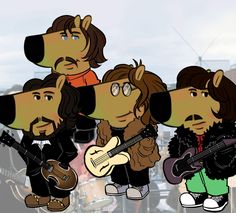 three cartoon dogs are playing guitars and singing