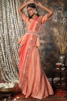 Shop for Kesar Studio Peach Dupion Silk Peplum Top Skirt Set for Women Online at Aza Fashions Peach Skirt, Cape For Women, Embellished Belt, Dupion Silk, Capes For Women, Top Skirt Set, Pattern Embroidery, Silk Embroidery, Set For Women