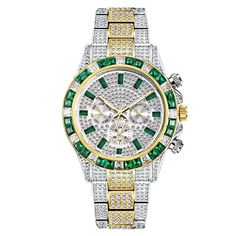 BEHOLD, THE ULTIMATE STATEMENT PIECE FOR THE MODERN MAN OF STYLE AND SUBSTANCE - THE TWO-TONE GREEN ICED OUT MEN'S WATCH! This exquisite timepiece boasts a bold, dual-tone design in shades of green that exudes an aura of confidence and sophistication. Crafted with the finest materials and meticulous attention to detail, this watch features a stunning iced out bezel that sparkles and shines with every flick of the wrist, adding a touch of glamour and luxury to any outfit. SPECIFICATIONS Case Diam Personalized Watches, Diamond Quartz, Green Diamond, Hip Hop Jewelry, Mens Luxury, Diamond Watch, Stainless Steel Band, Wristwatch Men, Golden Color