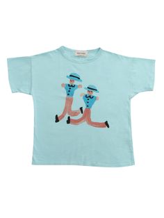 Light blue T-shirt with Dancing Giants print for children in organic cotton.Composition: 100% ORGANIC COTTON Playful Organic Cotton Graphic T-shirt, Blue T-shirt With Character Print For Spring, Blue Character Print T-shirt For Summer, Playful Organic Cotton Tops With Graphic Print, Blue Organic Cotton T-shirt For Spring, Playful Blue Top With Funny Print, Blue Family Matching Short Sleeve Tops, Playful Organic Cotton T-shirt With Graphic Print, Playful Organic Cotton Graphic Print T-shirt