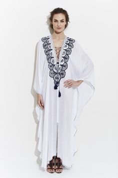 El Fenn Moroccan Kaftan Elegant Long Vacation Cover-up, Elegant V-neck Kaftan For Vacation, Chic Maxi Length Kaftan For Festival, Summer Beachwear Kaftan With Back Tassel Tie-up, Elegant Flowy Maxi-length Cover-up, Vacation Long Sleeve Tassel Cover-up, Spring Kaftan With Tassels And Kimono Sleeves, White Tassel Maxi Dress For Vacation, White Tasseled Maxi Dress For Vacation