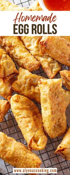 homemade egg rolls on a cooling rack with ketchup