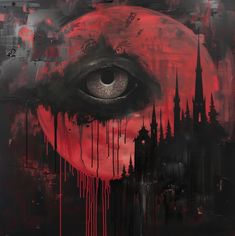 an eye with blood dripping from it and buildings in the background, as if painted on canvas or acrylic