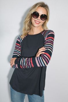 PLUS MULTI STRIPE PRINT AND SOLID MIXED CASUAL TOP- Plus multi stripe print and solid mixed casual top- Round neck and long sleeve- Relaxed fit- Stripe print and solid jersey mixed- 95% RAYON, 5% SPANDEX- MADE IN U.S.A Style: Casual Print / Pattern: STRIPE PRINT AND SOLID Fit: Relaxed fit Neck Line: Round neck Sleeve: Long sleeve Lining: No Made In: United StatesFabric Contents: 95% RAYON, 5% SPANDEXNon-sheer fabricCare Instructions: maxhine wash cold, Do not bleachSize Measurement (inch): 1X: 4 Casual Striped Sleeve Tops For Fall, Casual Striped Tops For Fall, Relaxed Fit Tops With Striped Sleeves For Fall, Fall Relaxed Fit Top With Striped Sleeves, Casual Striped Long Sleeve Top For Spring, Casual Striped Long Sleeve Top For Fall, Fall Color Block Top With Raglan Sleeves, Trendy Long Sleeve Color Block Tops, Multicolor Long Sleeve Tops For Layering