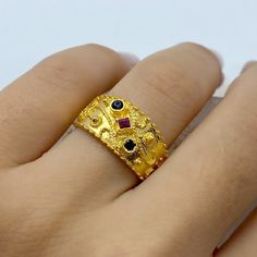 Byzantine Silver Ring - 22k Gold Plated Byzantine Silver - Vintage Greek Jewelry - Etruscan Ring - Sterling Silver Statement Ring Gemstone *100% naturel gemstone *925 sterling silver *22k GOLD PLATED *gemstone: ruby-sapphire *stone shape: square & round *stones sapphire: 2 pcs. *stones ruby: 1 pcs. *sapphire-ruby *byzantine Fine Jewelry Gold Ruby Ring With Intricate Design, Gold Ruby Ring With Intricate Design, Yellow Gold Byzantine Style Ring, Byzantine Yellow Gold Ring, Byzantine Style Yellow Gold Ring, Ceremonial Gold Ruby Ring With Intricate Design, Fine Gold Multi-stone Ruby Ring, Yellow Gold Byzantine Hallmarked Rings, Gold Ruby Ring With Filigree In Fine Jewelry Style