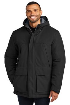 Port Authority Latitude Waterproof Heavyweight Parka J363100% polyester shell and lining 8,000MM fabric waterproof rating;  5,000G/M2 fabric breathability rating;  Attached, adjustable hood with concealed locking drawcord;  Full-length exterior storm flap;  Interior zippered chest pocket;  Reverse coil, two-way center front zipper;  Adjustable tabs at cuffs;  Adjustable locking drawcord at waist;  Port Pocket  for decoration access;  Angled, welted upper zippered pockets;  Lower flap-and-snap, d