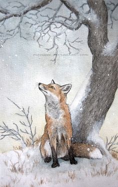 a painting of a fox sitting in front of a tree with snow on the ground