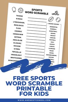 A screenshot of a sports word scramble game on a brown/tan background. There is a text overlay that says, "Free Sports Word Scramble Printable for Kids." Sports Worksheets For Kids, Substitute Teacher Resources, Sports Activities For Kids, Emotion Words, Printable Sports, Emotions Activities, Scramble Game, Fun Educational Activities, Word Search Games