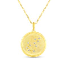 Illuminate your look with your personality when you wear this diamond zodiac constellation disc pendant for the creative sign Aquarius. Crafted in sterling silver with yellow rhodium plate Diamonds dot the Aquarius constellation along the satin-finished center. The polished border completes this round disc design. Captivating with 1/10 ct. t.w. of diamonds This pendant suspends along an 18.0-inch cable chain that secures with a lobster claw clasp. Sterling Silver Medallion With Single Cut Diamonds, Gold Diamond Zodiac Sign Necklace, Luxury Sterling Silver Zodiac Sign Necklaces, Gold Zodiac Sign Diamond Necklace, Zodiac Sign Round Pendant Jewelry, White Gold Zodiac Sign Round Pendant Jewelry, White Gold Round Zodiac Sign Jewelry, Fine Jewelry Diamond Zodiac Sign, White Gold Zodiac Sign Jewelry, Round Shape