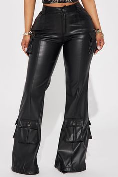 Available In Black. Flare Pant Mid Rise Button & Zip Closure Hand Pocket Cargo Pocket Faux Leather Coating: 100% Polyurethane Backing: 100% Polyester Imported | Toxic Girlfriend Faux Leather Flare Pant in Black size 3X by Fashion Nova Toxic Girlfriend, Flare Pant, Black Flare, Cargo Pocket, Alternative Fashion, Flare Pants, Black Pants, Black Fashion, Fashion Nova