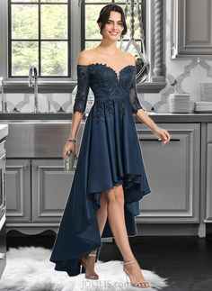 Makayla A-Line Off-the-Shoulder Asymmetrical Satin Homecoming Dress With Lace UKP0015441 Silhouette:: A-Line Neckline:: Off-the-Shoulder Length:: Asymmetrical Embellishment:: Lace Fabric:: Satin,Lace Sleeve:: 1/2Sleeves BackStyle:: ZipperUp FullyLined:: Yes Built-InBra:: Yes Boning:: Yes Size:: General,Plus This dress could be custom made, there are no extra cost to do custom size and color. Satin Homecoming Dress, Ball Gowns Princess, Tulle Homecoming Dress, Dress With Sequins, Lace Homecoming Dresses Short, Lace Beach Wedding Dress, Lace Homecoming Dresses, Satin Prom Dress, Prom Dresses With Sleeves