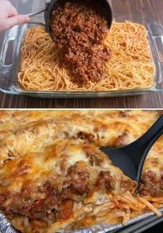 two pictures with one being cooked and the other being covered in spaghetti, cheese and meat