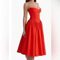 Worn Once. Like New. Best For A 34-36 C-D Bust I'm Invetween A Size Small And Medium, Medium Worked Better For Zipping And Bust. I'm 5'4 There's A Good Stretch To The Dress. A Corseted Bodice Creates A Stunning Silhouette On A Fit-And-Flare Dress Finished With A Voluminous Midi Skirt For Modern Allure. Exclusive Retailer Hidden Back-Zip Closure Sweetheart Neck Strapless Partially Lined 65% Richcel Viscose, 35% Polyester Dry Clean Imported Retails For $299 Chic Red Corset Dress For Summer, Red A-line Strapless Dress, Red Corset Dress For Date Night In Summer, Red Corset Dress For Summer Date Night, Red Corset Dress With Sweetheart Neckline For Summer, Red Midi Dress With Sweetheart Neckline For Spring, Red Sweetheart Neckline Midi Dress For Spring, Red Midi Dress With Sweetheart Neckline For Summer, Red Strapless Dress With Fitted Bodice For Cocktail