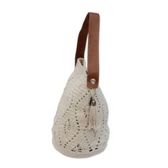 Crocheted Cotton Bucket Bag in Ivory from Brazil - Diamond Crochet in Ivory | NOVICA Beige Crochet Bucket Bag With Braided Handles, Chic Cream Crochet Bag With Adjustable Strap, White Bohemian Bucket Bag With Large Capacity, Bohemian White Bucket Bag With Large Capacity, Bohemian Large Capacity White Bucket Bag, Cream Large Capacity Bucket Hobo Bag, Beige Crochet Bucket Bag With Leather Handles, White Bohemian Bucket Bag For Everyday, Everyday White Bohemian Bucket Bag