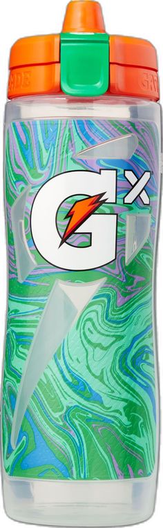 a water bottle with the letter g on it