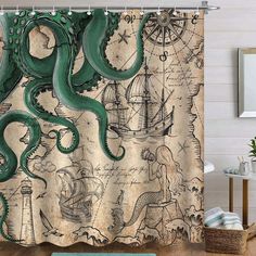 an octopus shower curtain in a bathroom