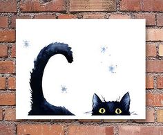 a black cat on a brick wall with snow flakes in the sky behind it