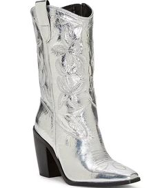 Vince Camuto Alisah Western Crinkle Metallic Leather Cowgirl Boots | Dillard's Silver Cowboy Boots Outfit, Silver Cowboy Boots, Tin Man Costumes, Dolce Vita Boots, Classic Embroidery, Square Toe Western Boots, Leather Cowgirl Boots, Wedding Guest Shoes