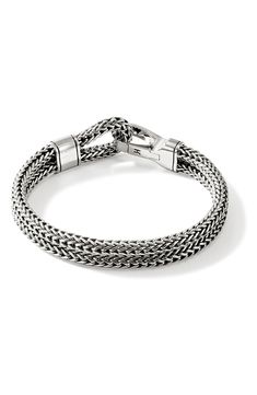 This sterling silver bracelet is handcrafted with a signature woven chain. 8" length (size large) Clasp closure Sterling silver Imported Elegant Chain Link Bracelet With Stainless Steel Clasp, Classic Silver Braided Bracelets With Stainless Steel Clasp, Silver Classic Braided Bracelet With Stainless Steel Clasp, Classic Silver Braided Bracelet With Box Chain, Luxury Sterling Silver Chain Link Jubilee Bracelet, Luxury Sterling Silver Jubilee Bracelet With Chain Link, Luxury Link Chain Bracelet With Stainless Steel Clasp, Elegant Silver Braided Bracelet With Stainless Steel Clasp, Luxury Silver Box Chain Bracelet