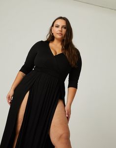 Need something a bit dressier to wear to your next date night or night out? Well, we've got you covered (sort of!) with our new Curve Sultry Double Slit Dress! This dress is super flirty and sassy, with 3/4 length sleeves, a deep v-neck, and two long leg slits. And don't worry, it has a built-in bodysuit for full coverage! The neckline just begs to display some layered jewelry and the leg slits are ready to show off your long legs in your favorite strappy heels. Model in black and burgundy is 5' Plus Size Leather Jacket, Split Dress Thigh, Plus Size Maxi, Split Dress, Layered Jewelry, Dress Measurements, Plus Size Maxi Dresses, Plus Dresses, Comfortable Dress