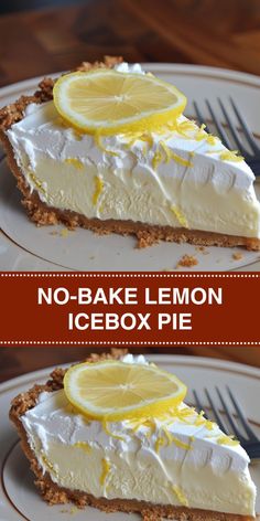 two slices of no - bake lemon icebox pie on top of each other