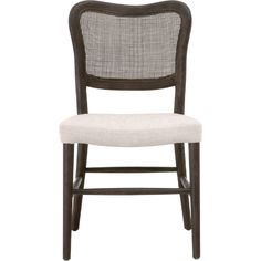 an upholstered chair with a white fabric seat