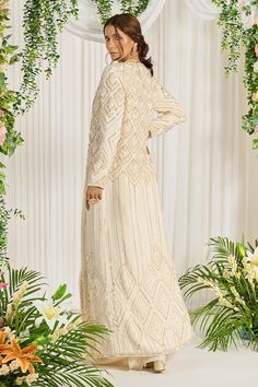 Buy Ivory Foil Georgette Embroidery Pearl Subh Bela Cape Saree Set For Women by Nidhika Shekhar Online at Aza Fashions. Elegant Off White Gown With Resham Embroidery, Elegant Off White Gown With Intricate Embroidery, Cream Georgette Gown With Resham Embroidery, Cream Resham Embroidered Georgette Gown, Designer Cream Dresses With Pearl Embroidery, Cream Georgette Dresses With Pearl Embroidery, Cream Pearl Embroidery Georgette Dress, Elegant Cream Georgette Gown, Off White Designer Dresses With Pearl Embroidery