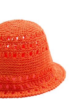 This crochet bucket hat is handcrafted from vibrant yarn to make a summery statement. Synthetic Imported Trendy Orange Summer Bucket Hat, Trendy Orange Bucket Hat For Summer, Trendy Crochet Sun Hat For Spring, Orange Bucket Hat With Short Brim For Summer, Spring/summer Crochet Yarn Hat, Orange Summer Bucket Hat With Short Brim, Orange Bucket Hat For Spring Vacation, Summer Orange Bucket Hat With Short Brim, Trendy Crochet Hat For Summer