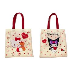 two bags with hello kitty designs on them, one is white and the other has red handles