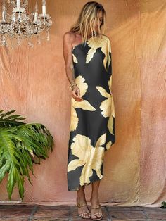 Women's Beach Floral Print One Shoulder Dress Off Shoulder Kaftan, Luxury Wear, Boho Green, Clothes Summer, Elegant Dresses For Women, Leggings Casual, Boho Print, Embroidery Dress, Women Clothes