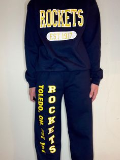 University of Toledo  Navy blue cuffed sweatpants  Navy blue crew neck Handmade items Casual Letter Print Sweatpants For Fall, Blue Relaxed Fit Sweats With Letter Print, Casual Fall Sweatpants With Letter Print, Blue Athleisure Sweatpants With Ribbed Cuffs, Blue Sweatpants With Ribbed Cuffs In Athleisure Style, Blue Joggers For Fall Loungewear, Blue Casual Joggers With Letter Print, Casual Blue Joggers With Letter Print, Blue Sweatpants With Ribbed Cuffs For Athleisure