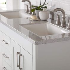 a kitchen sink with two faucets on the side and a potted plant