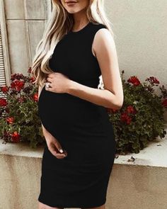 Maternity Casual Sundress Bodycon Sleeveless Dress Solid Color Sleeveless Stretch Bodycon Dress, Black Sleeveless Non-stretch Bodycon Dress, Stretch Sleeveless Bodycon Dress, Black Non-stretch Sleeveless Bodycon Dress, Fitted Sleeveless Dress In Solid Color, Black Non-stretch Sleeveless Mini Dress, Fitted Maternity Dress For Summer Party, Fitted Summer Maternity Dress For Party, Fitted Sleeveless Maternity Dress