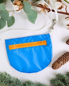 a blue pouch with an orange line on it next to some pine cones and branches