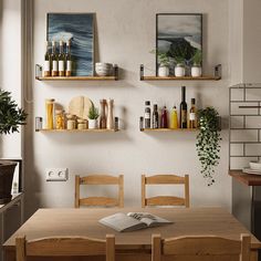 a wooden table topped with two shelves filled with bottles