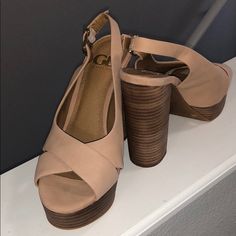 Tan Gianni Bini Heels Brand New In Box Chic Block Heels With Wooden Wedge, Chic Block Heels With Wooden Wedge Heel, Chic Wooden Wedge Heel Block Heels, Beige Wedge Heels With Wooden Heel, Gianni Bini Heels, Gianni Bini Shoes, Gianni Bini, Shoes Women Heels, Shoes Heels