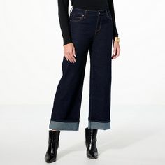 TWRHLL by Christie Brinkley Wide-Leg Cuffed Jean   The choice is yours with this cuffed twist on the classic 5-pocket jean. Its wide, cuffed leg has such a fun, retro feeling and can be uncuffed for a look that's perfectly elevated with a heel or cool and slouchy with a flat or sneaker. Fitness Activewear, Christie Brinkley, Cuffed Jeans, Leg Cuffs, Hair Fragrance, Pocket Jeans, Fashion Clothes Women, Size 16, Active Wear