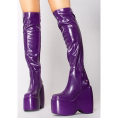 New Ocho Toro Nicoya 03 Alluring Deception Knee High Platform Boots Look Oh So Tempting While Wearing The Alluring Deception Knee High Platform Boots From Ocho Toro. This Sexy Rave Platform Boots Features A Purple Colored Smooth Vegan Leather Upper With Inner Zipper Closure, Knee High Length, Gold Metal Logo Plate In The Back, And Vegan Leather Wrapped Platform Sole. Temptation Is A Real B*Tch! - 6.25" Heels, 3" Platform - Gold Logo Plate In The Back - Smooth Vegan Leather - Wrapped Eva Platform Dark Purple Platform Boots, Purple Platform Party Boots, Purple Platform Boots For Party, Purple Platform Boots With Pointed Toe, Purple Leather Platform Boots, Purple Thigh High Boots, Purple Platform Boots, Starfire Costume, Audrey Ii