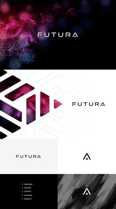 four different logos designed to look like abstract shapes and lines, with the words futura in