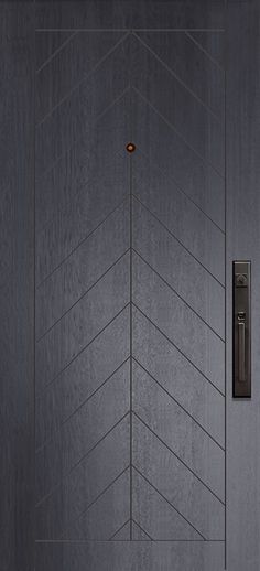 a black door with an arrow design on the front and side panels, which are painted dark gray