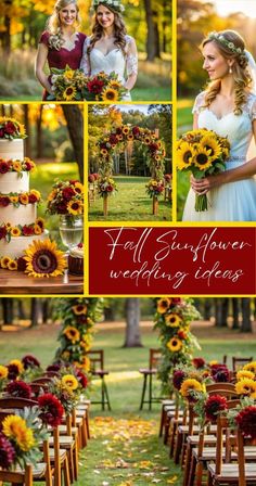 a collage of photos with sunflowers and flowers on the wedding ceremony aisle